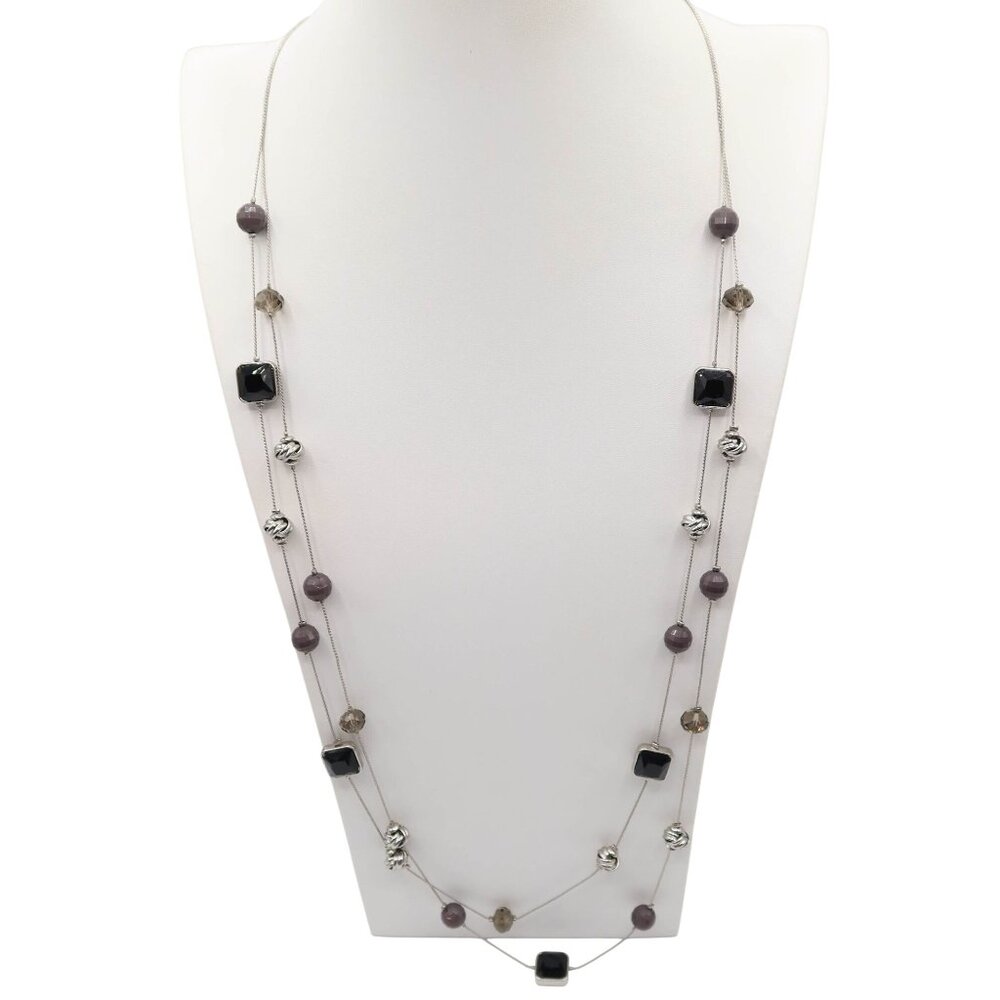 CHARMING CHARLIE Silver Tone Beaded Long Station Necklace & Drop Earring Set NEW